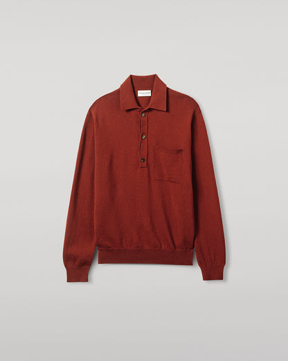 Johnstons of Elgin AW25 Men's Knitwear Oxblood Cashmere Long Sleeve Red Polo shirt  details view KAP05268Q25358