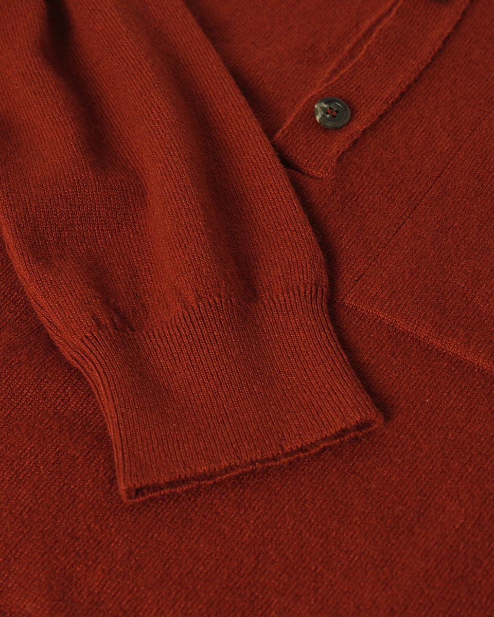 Johnstons of Elgin AW25 Men's Knitwear Oxblood Cashmere Long Sleeve Red Polo shirt  details view KAP05268Q25358