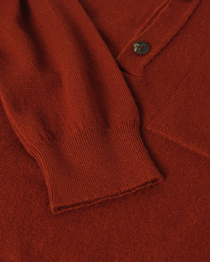 Johnstons of Elgin AW25 Men's Knitwear Oxblood Cashmere Long Sleeve Red Polo shirt  details view KAP05268Q25358