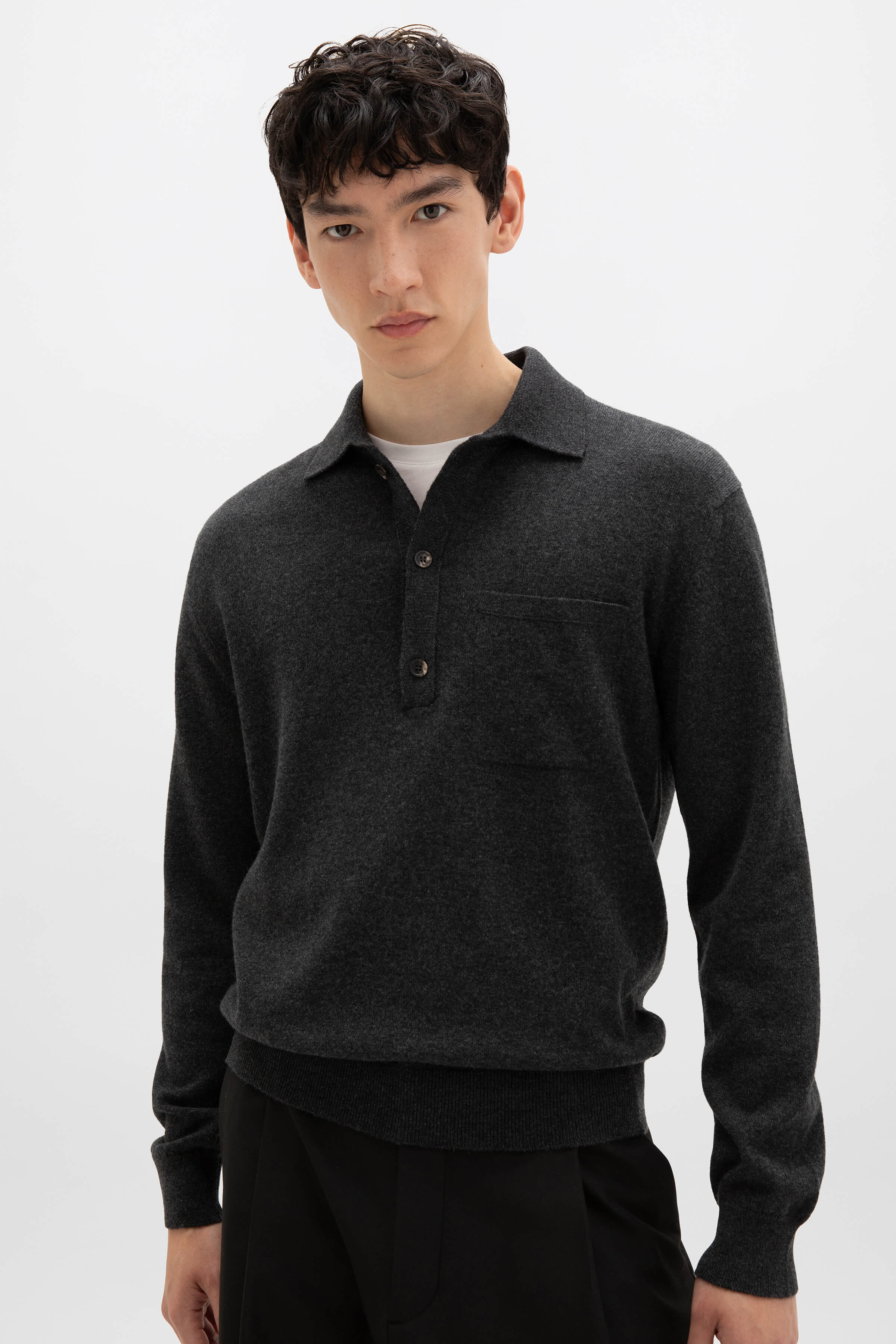 Charcoal Grey Cashmere Long Sleeve Poloshirt Johnstons of Elgin