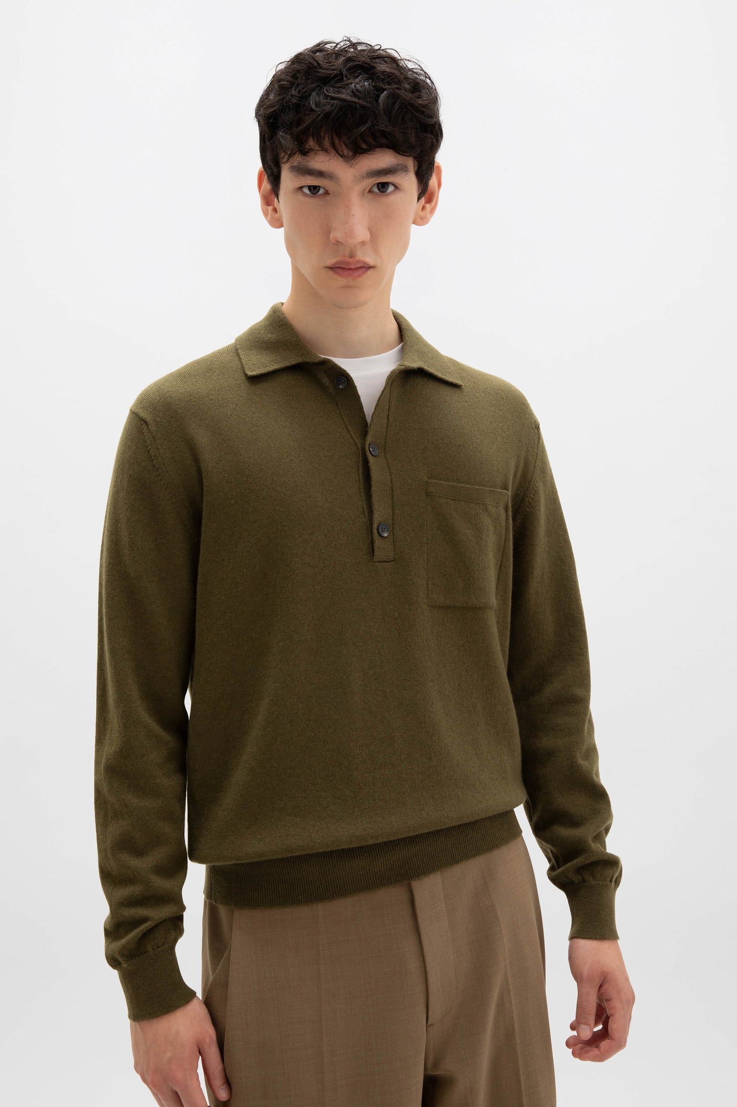 Johnstons of Elgin AW24 Men's Knitwear Olive Cashmere Long Sleeve Poloshirt KAP05268Q24538S