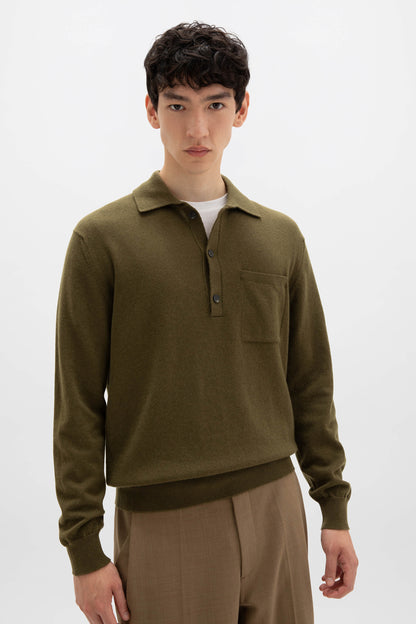 Johnstons of Elgin AW24 Men's Knitwear Olive Cashmere Long Sleeve Poloshirt KAP05268Q24538S