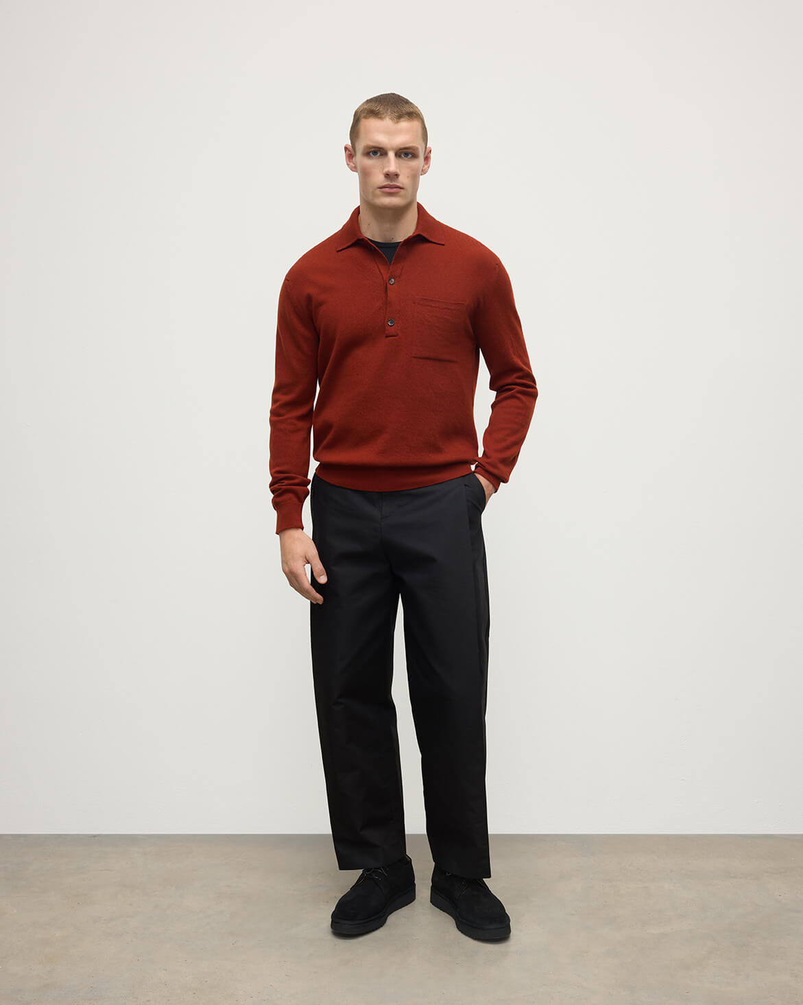 Model wearing Johnstons of Elgin AW25 Men's Knitwear Oxblood Cashmere Long Sleeve Red Polo shirt  Front view KAP05268Q25358