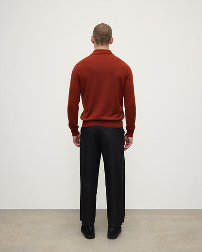 Model wearing Johnstons of Elgin AW25 Men's Knitwear Oxblood Cashmere Long Sleeve Red Polo shirt  Back view KAP05268Q25358