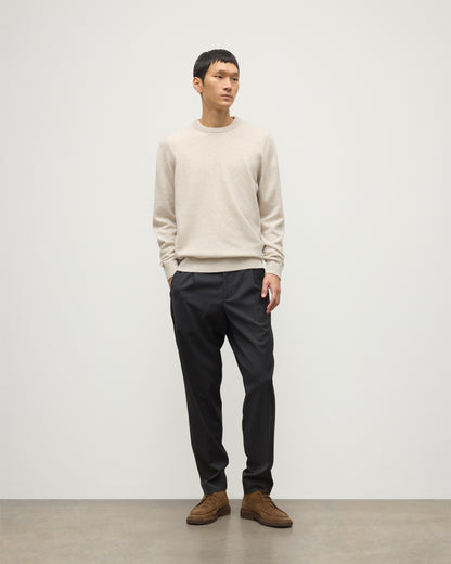 MENS RORY CREW CLASSIC JUMPER NATURAL 100% CASHMERE, BY JOHNSTONS OF ELGIN, WORN WITH GREY TROUSERS AND BROWN LAOFERS KAP05471HA0402