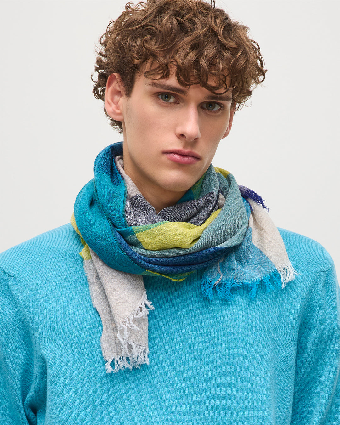 JOHNSTONS OF ELGIN ETHIE BLOCK CHECK SCARF NAVY & LIME GREEN 100% WOOL WD001986RU7717ONE