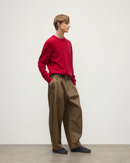 MODEL WEARS JOHNSTONS OF  ELGIN MENS RORY CREW CLASSIC JUMPER RED 100% CASHMERE WITH BROWN TROUSERS KAP05471SE5325