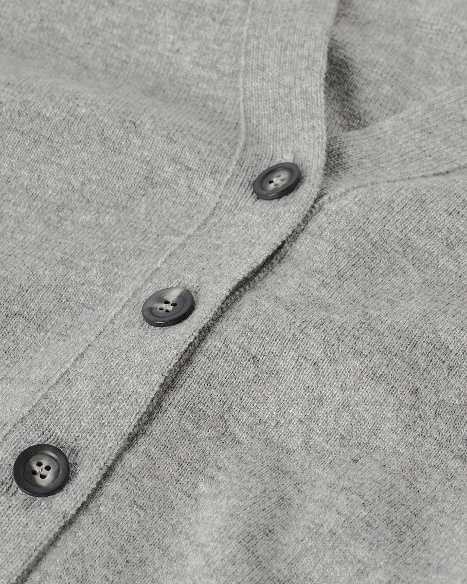 Model wears Johnstons of Elgin  Women's Knitwear Light Grey Milano Stitch Grey Cashmere Cardigan Front View KAP05489HA0308