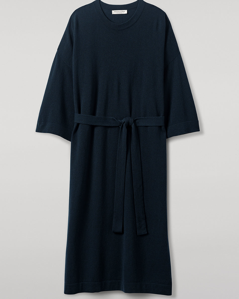 Johnstons of Elgin AW25 Women's Knitwear Bottle Green Tie-Waist Cashmere Green Jumper Dress Details  KAP05490SC7341