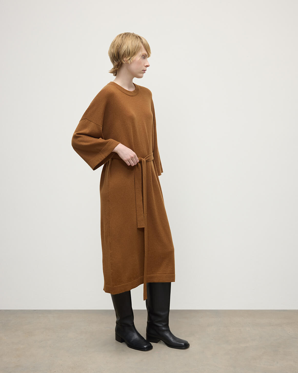 Dark Camel Tie-Waist Cashmere Jumper Dress Johnstons of Elgin