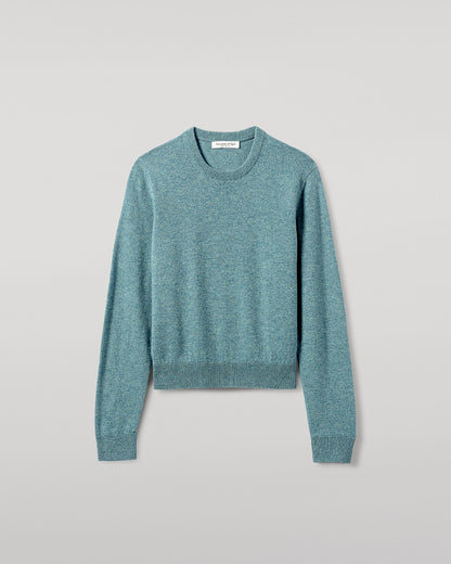 Johnstons of Elgin AW25 Women's Knitwear Seascape Classic Cashmere Green Round Neck Jumper Close Up  KAP05572HC0038