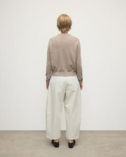 model wears Johnstons of Elgin AW25 Women's Knitwear Ash Classic Cashmere Brown Round Neck Jumper Back KAP05572HB4334