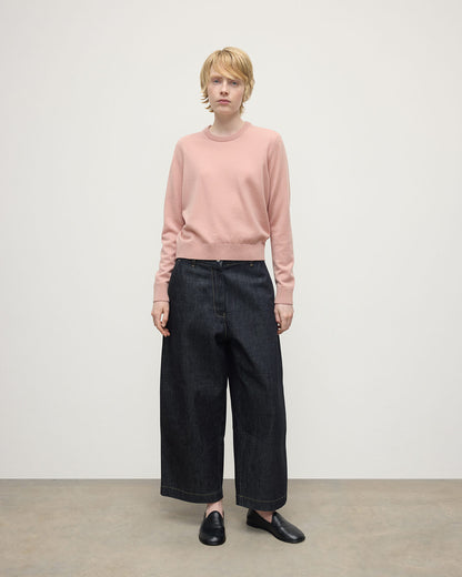 Model wears Johnstons of Elgin AW25 Women's Knitwear Nude Classic Cashmere Pink Round Neck Jumper Front View KAP05572SE0740