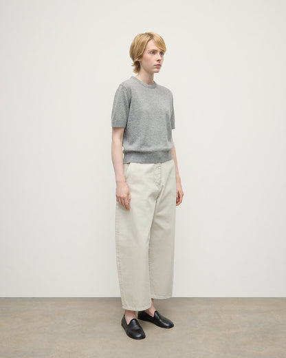 Model wearing Johnstons of Elgin AW25 Women's Knitwear Light Grey Classic Cashmere Grey T-shirt Side KAP05574HA0308