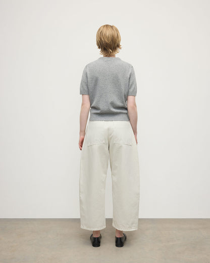 Model wearing Johnstons of Elgin AW25 Women's Knitwear Light Grey Classic Cashmere Grey T-shirt Back KAP05574HA0308