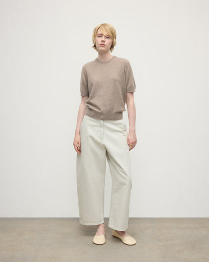 Model wears Johnstons of Elgin AW25 Women's Knitwear Ash Classic Cashmere Brown T-shirt Front KAP05574HB4334