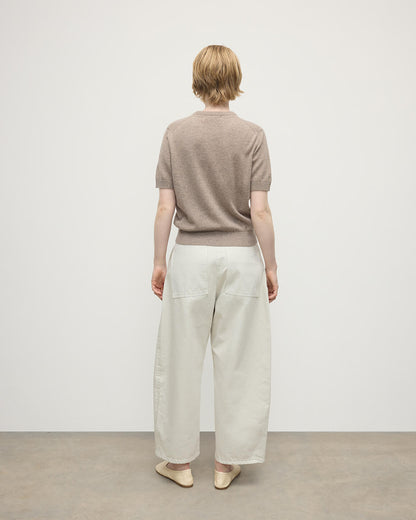 Model wears Johnstons of Elgin AW25 Women's Knitwear Ash Classic Cashmere Brown T-shirt Back KAP05574HB4334