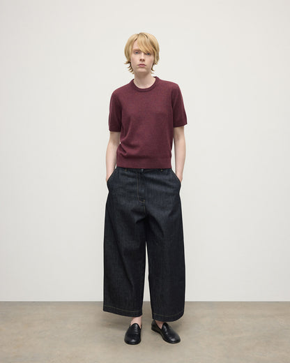 Model wears Johnstons of Elgin AW25 Women's Knitwear Damson Classic Cashmere Purple T-shirt Front KAP05574HE7064