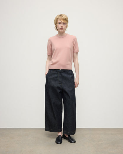 Model wearing Johnstons of Elgin AW25 Women's Knitwear Nude Classic Cashmere Pink T-shirt Front KAP05574SE0740