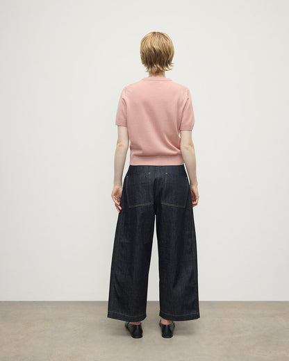 Model wearing Johnstons of Elgin AW25 Women's Knitwear Nude Classic Cashmere Pink T-shirt Back KAP05574SE0740