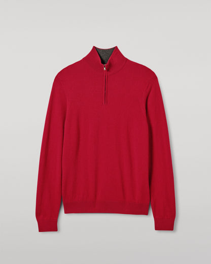 MENS RORY CLASSIC HALF ZIP SWEATER CONTRAST TRIM RED & GREY 100% CASHMERE BY JOHNSTONS OF ELGIN KAP05577Q26186