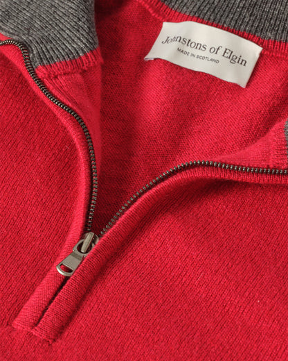 MENS RORY CLASSIC HALF ZIP SWEATER CONTRAST TRIM RED & GREY 100% CASHMERE BY JOHNSTONS OF ELGIN KAP05577Q26186