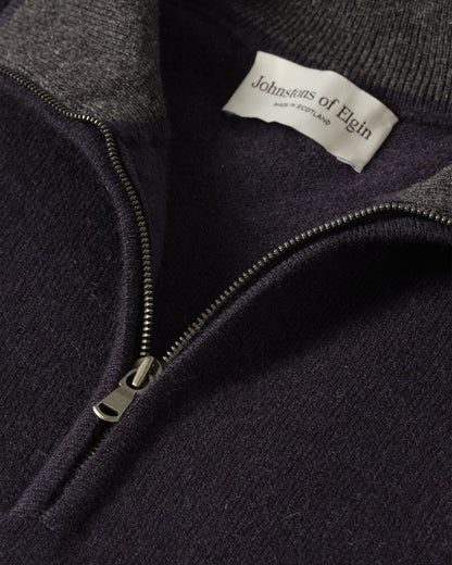 JOHNSTONS OF ELGIN MENS RORY CLASSIC HALF ZIP SWEATER CONTRAST TRIM NAVY & CHARCOAL 100% CASHMERE KAP05577Q26187
