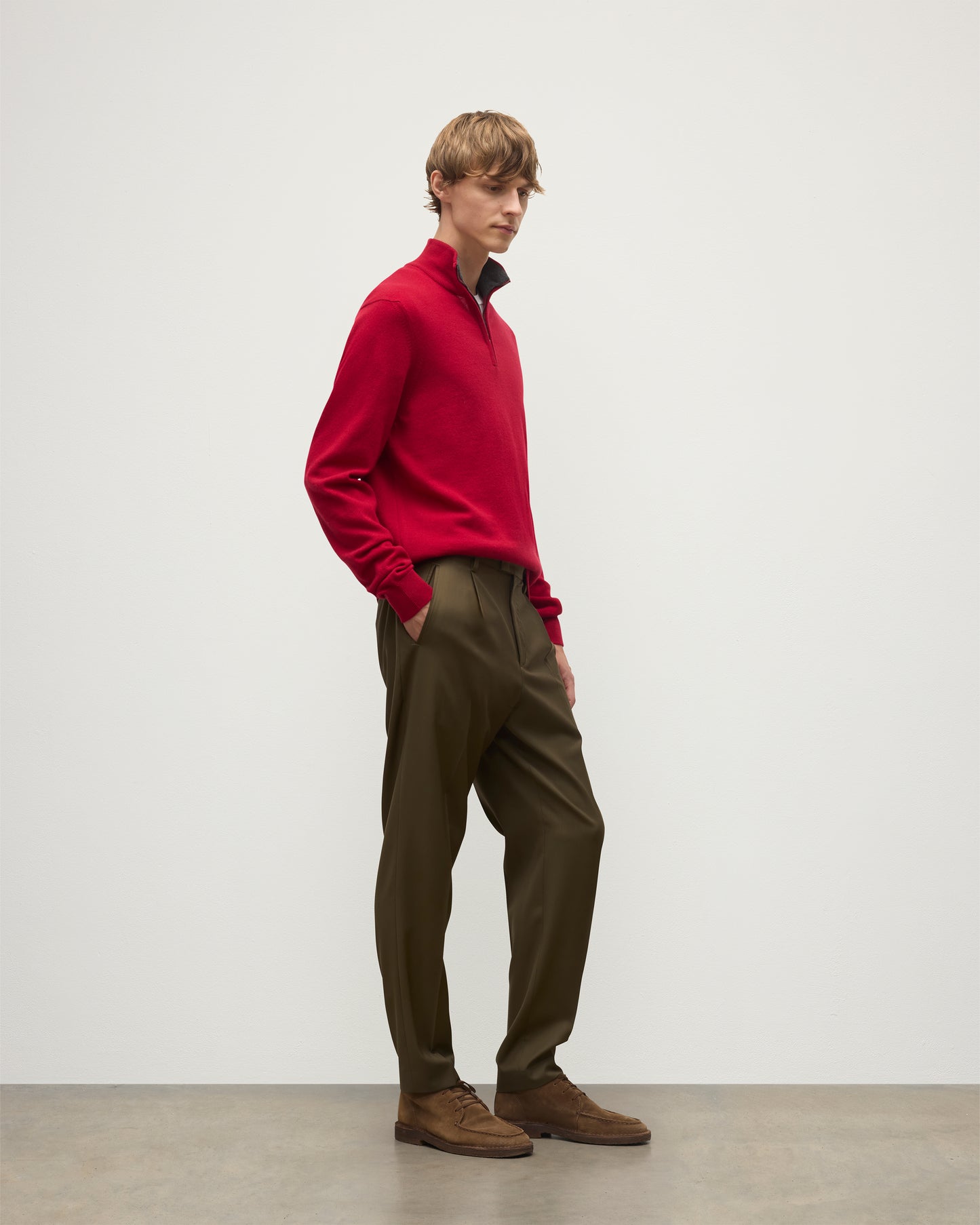 MENS RORY CLASSIC HALF ZIP SWEATER CONTRAST TRIM RED & GREY 100% CASHMERE BY JOHNSTONS OF ELGIN OVER A WHITE T-SHIRT AND OLIVE GREEN TROUSERS KAP05577Q26186