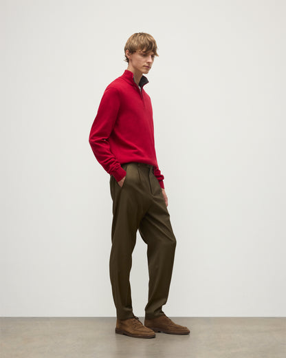 MENS RORY CLASSIC HALF ZIP SWEATER CONTRAST TRIM RED & GREY 100% CASHMERE BY JOHNSTONS OF ELGIN OVER A WHITE T-SHIRT AND OLIVE GREEN TROUSERS KAP05577Q26186