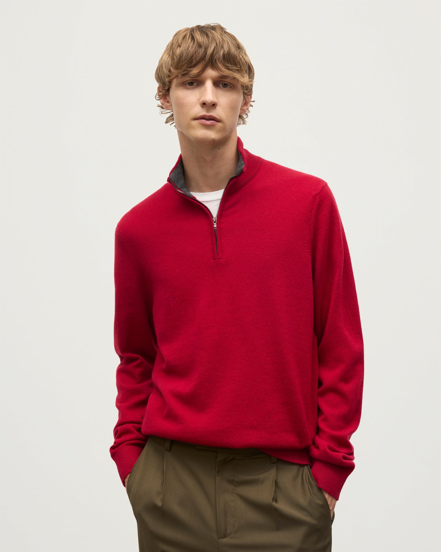 MENS RORY CLASSIC HALF ZIP SWEATER CONTRAST TRIM RED & GREY 100% CASHMERE BY JOHNSTONS OF ELGIN KAP05577Q26186