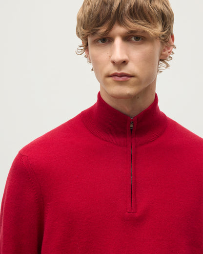 MENS RORY CLASSIC HALF ZIP SWEATER CONTRAST TRIM RED & GREY 100% CASHMERE BY JOHNSTONS OF ELGIN OVER A WHITE T-SHIRT AND OLIVE GREEN TROUSERS KAP05577Q26186