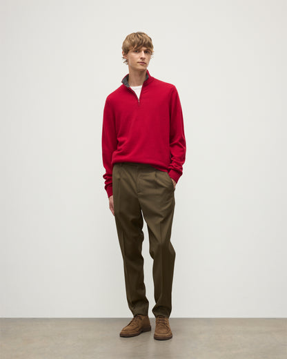 MENS RORY CLASSIC HALF ZIP SWEATER CONTRAST TRIM RED & GREY 100% CASHMERE BY JOHNSTONS OF ELGIN OVER A WHITE T-SHIRT AND OLIVE GREEN TROUSERS KAP05577Q26186