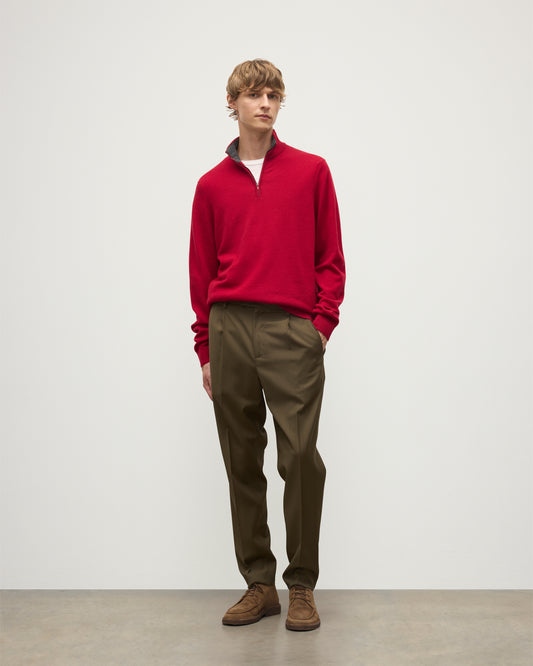 MENS RORY CLASSIC HALF ZIP SWEATER CONTRAST TRIM RED & GREY 100% CASHMERE BY JOHNSTONS OF ELGIN OVER A WHITE T-SHIRT AND OLIVE GREEN TROUSERS KAP05577Q26186