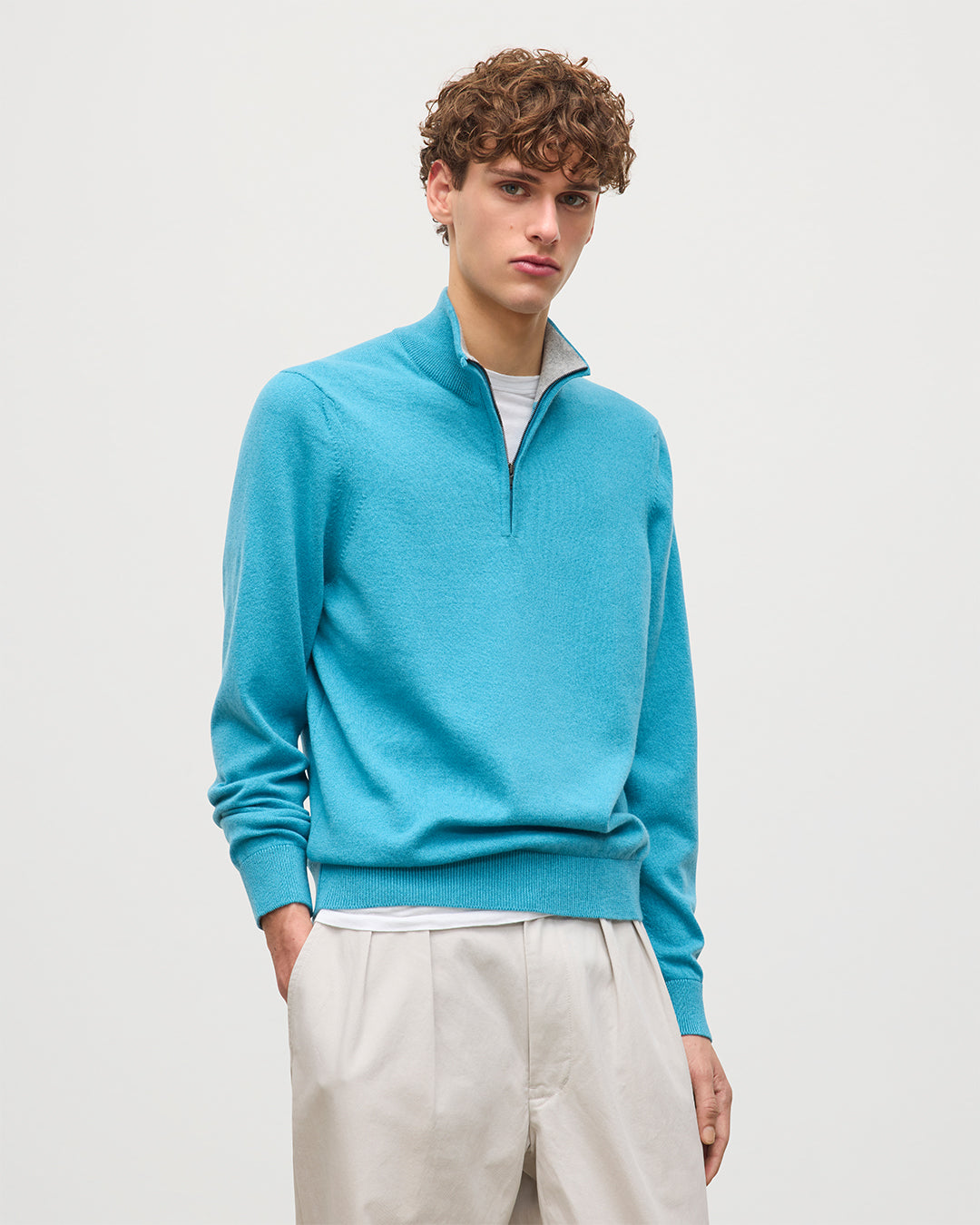 JOHSNTONS OF ELGIN MENS RORY CLASSIC HALF ZIP SWEATER CONTRAST TRIM 100% CASHMERE KAP05577Q26189