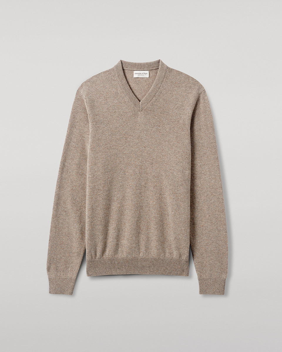 Johnstons of Elgin AW25 Men's Knitwear Ash Classic Cashmere Brown V Neck Jumper KAP05594HB4334