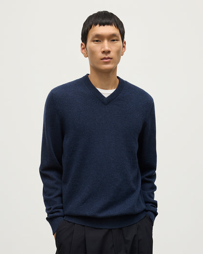 MODEL WEARS JOHNSTONS OF  ELGIN MENS RORY VEE NECK CLASSIC JUMPER 100% CASHMERE WITH NAVY TROUSERS KAP05594HD7350