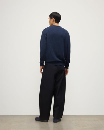 MODEL WEARS JOHNSTONS OF  ELGIN MENS RORY VEE NECK CLASSIC JUMPER 100% CASHMERE WITH NAVY TROUSERS KAP05594HD7350