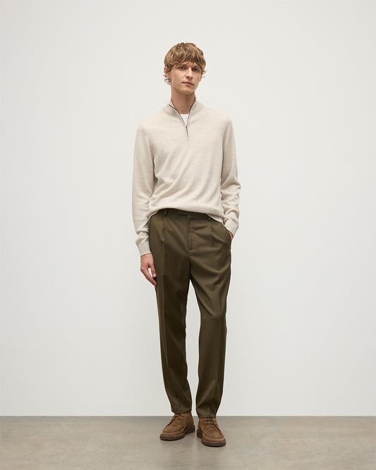 MODEL WEARING JOHNSTONS OF ELGIN MENS RORY CLASSIC HALF ZIP CLASSIC SWEATER 100% CASHMERE WITH OLIVE GREEN TROUSERS KAP05695HA0402