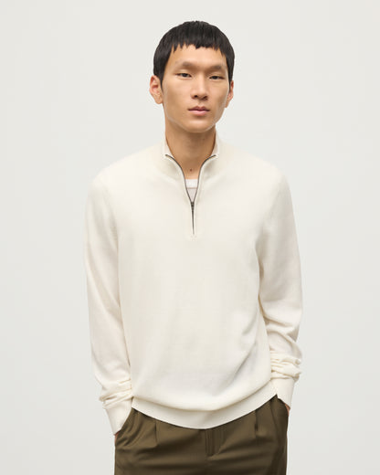 MODEL WEARS JOHNSTONS OF ELGIN MENS RORY CLASSIC HALF ZIP CLASSIC SWEATER 100% CASHMERE KAP05695SA0606