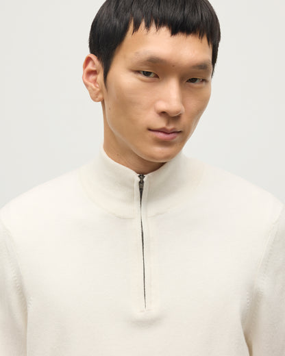 MODEL WEARS JOHNSTONS OF ELGIN MENS RORY CLASSIC HALF ZIP CLASSIC SWEATER 100% CASHMERE OVER A WHITE T-SHIRT  KAP05695SA0606