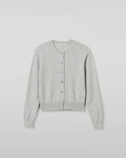 JOHNSTONS OF ELGIN WOMENS IRIS CLASSIC CREW CARDIGAN GREY WITH GREY TROUSERS AND TRAINERS  100% CASHMERE KAP05704HA0399