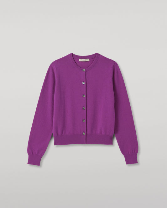 JOHNSTONS OF ELGIN IRIS CREW CARDIGAN PETITE CASHMERE ROUND NECK CARDIGAN - 2 PLY PURPLE 100% CASHMERE KAP05704SD5371