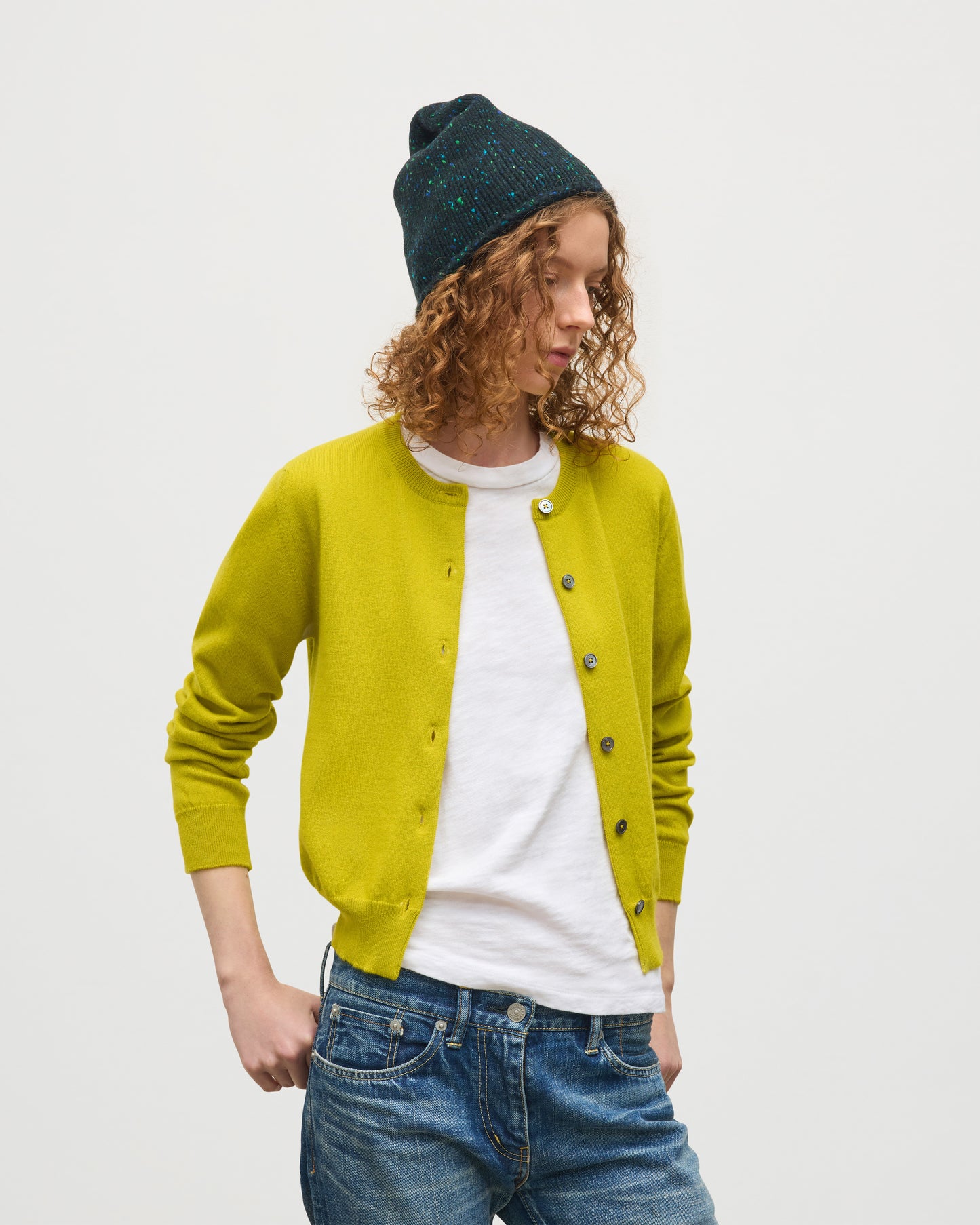 JOHNSTONS OF ELGIN WOMENS IRIS CLASSIC CREW CARDIGAN YELLOW 100% CASHMERE KAP05704SC4716