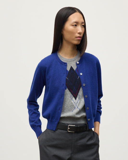 MODEL WEARING JOHNSTONS OF ELGIN WOMENS IRIS CLASSIC CREW CARDIGAN BLUE 100% CASHMERE KAP05704SD5326