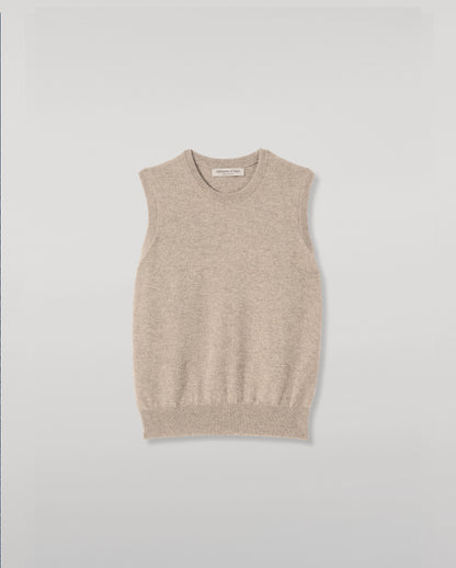 JOHNSTONS OF ELGIN IRIS SLEEVELESS CREW PETITE CASHMERE ROUND NECK TANK - 2 PLY LIGHT BROWN 100% CASHMERE WITH CLANLASS RED CHECK SHIRT TIED AROUND WAIST KAP05705HB4447