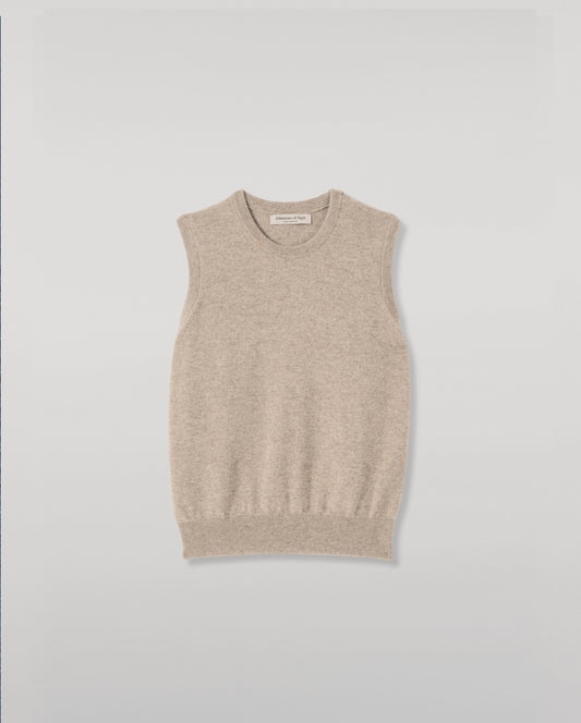 JOHNSTONS OF ELGIN IRIS SLEEVELESS CREW PETITE CASHMERE ROUND NECK TANK - 2 PLY LIGHT BROWN 100% CASHMERE WITH CLANLASS RED CHECK SHIRT TIED AROUND WAIST KAP05705HB4447