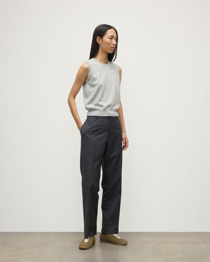 MODEL WEARS JOHNSTONS OF ELGIN WOMENS IRIS CLASSIC SLEEVELESS CREW GREY 100% CASHMERE WITH GREY TROUSERS KAP05705HA0399
