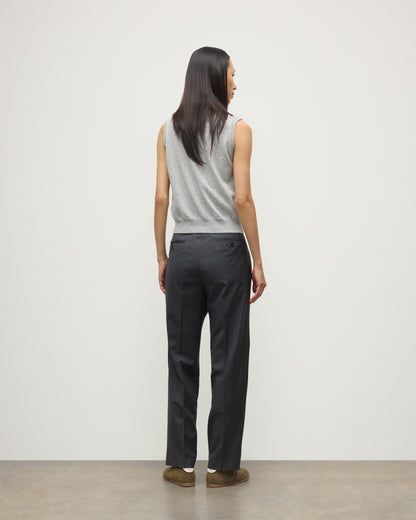 MODEL WEARS JOHNSTONS OF ELGIN WOMENS IRIS CLASSIC SLEEVELESS CREW GREY 100% CASHMERE WITH GREY TROUSERS KAP05705HA0399