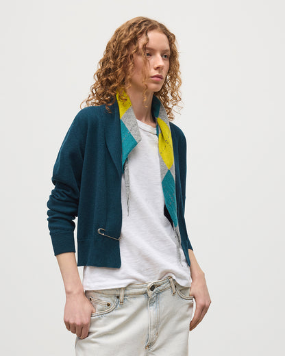 JOHNSTONS OF ELGIN WOMENS CRATHIE SHAWL CARDIGAN GREEN 100% CASHMERE WITH CLAN CASHMERE ARGYLE NECKTIE KAP05707SC7341