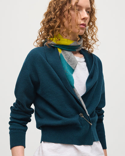 JOHNSTONS OF ELGIN WOMENS CRATHIE SHAWL CARDIGAN GREEN 100% CASHMERE WITH CLAN CASHMERE ARGYLE NECKTIE KAP05707SC7341